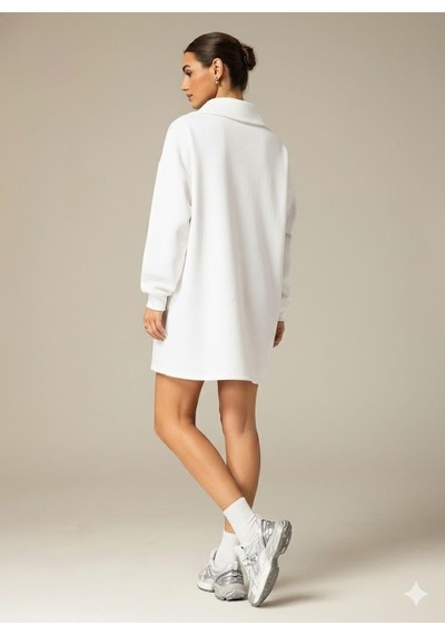 Afri 3 İplik Şardonlu Beyaz Oversize Fermuarlı Tunik Sweatshirt - Günlük Spor Elbise Beyaz