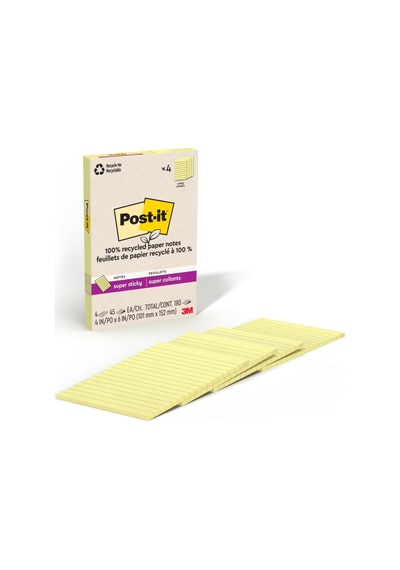 Tr %100 Geri Dönüşümlü Kağıt Süper Yapışkan Notlar, 2x Yapıştırma Gücü, 4x6, Astarlı, 4 Ped/paket, 45 Ya