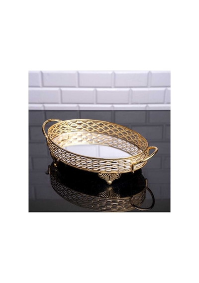 Aynalı Tepsi Dekoratif Sunum Tepsisi Oval Metal Gold 36 X 20 Cm Nil Model