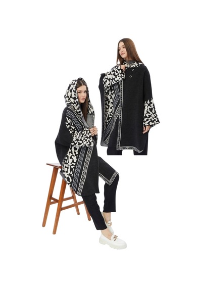 Kadın Büyük Bedene Uygun Kapüşonlu Kışlık Kalın Leopar Desenli Panço Leopar Siyah