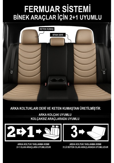 Panther Serisi Keten Kumaş Üniversal Oto Koltuk Kılıfı - 5 Koltuk Tam Set Bej