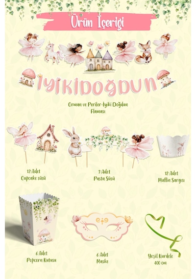 Orman Perileri Ve Sevimli Evleri Temalı Doğum Günü Konsepti Süsleme Seti , Cupcake Süsü Flama Etiket Dijital Baskı