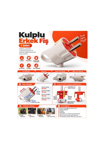 Arvia Topraklı Fiş Kulplu Beyaz 16 Amper 220 Volt Ip20 Erkek Fiş