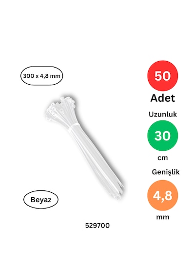 Plastik Kablo Bağı Klipsi Cırt Kelepçe 300 X 4.8 Beyaz 50 Adet Beyaz