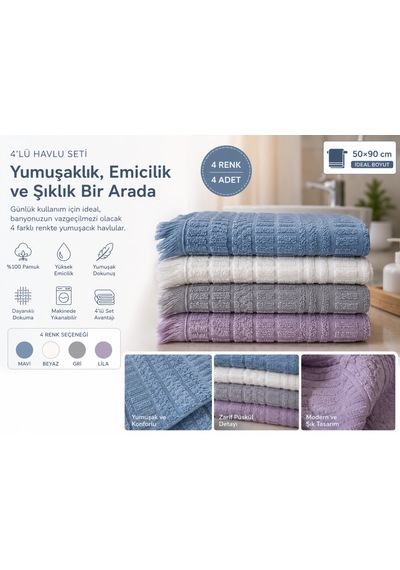 4'lü El Ve Yüz Havlusu Seti 50x90 Cm Pamuklu Yumuşak Dokulu Yüksek Su Emici Günlük Kullanım Premium Kalite Mavi