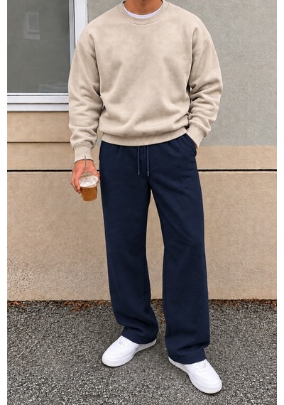 Tarz Cool Erkek Oversize Baggy Fit Eşofman Altı %100 Pamuk 3 İplik Şardonlu Bol Paça Rahat Kesim Lacivert