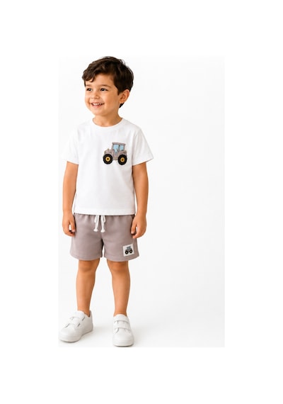 Eray Alp Kids Erkek Çocuk Beyaz Baskılı Traktör Tişört Şort Takımı Yazlık Günlük Model