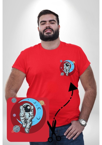 Angemiel Astronot Uzayda Sıkılmış Kırmızı Büyük Beden Kadın Basic Minimal Baskılı Tişört Kırmızı