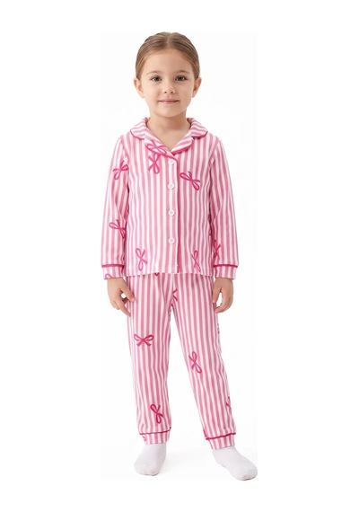Bebegen Kız Bebek Beyaz Pembe Fiyonklu Çizgili Pijama Takımı Çok Renkli