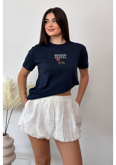 Giysa Kadın Bisiklet Yaka Maison Köpek Baskılı T-shirt Lacivert - 26y 4444