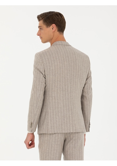 Cacharel Bej Slim Fit Yün Kaşmir Karışımlı Çizgili Klasik Ceket