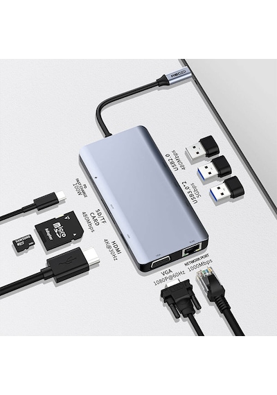 Recci Rh09 Type-c To Type-c + Sd/tf + Usb3.0 + Usb2.0 + Hdmı + Vga + Rj45 Bağlantılı 9in1 Hub