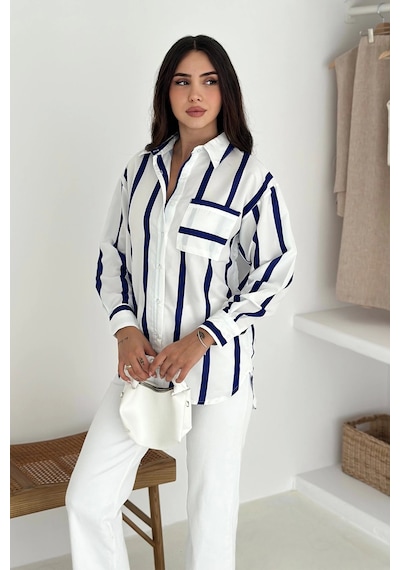 Asprin Fashion Kalın Lacivert Çizgili Gömlek Beyaz