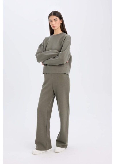 DeFacto Boxy Fit Bisiklet Yaka Kalın Basic Düz Sweatshirt B8568AX24WNKH422 Haki
