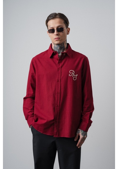 Respire Erkek Res Nakışlı Uzun Kollu Keten Oversize Gömlek Bordo