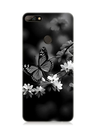 Huawei Y7 2018 Uyumlu Siyah Beyaz Kelebek Ve Çiçek Desenli Silikon Kılıf