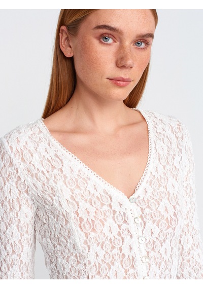 Dilvin 60433 Düğmeli Peplum Dantel Hırka-ekru Ekru