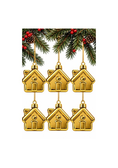 Waldern 6lı 6 Cm Ev Figürlü Yılbaşı Çam Ağacı Süsü Gold