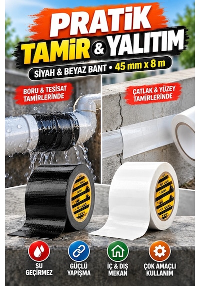 3 Lü Su Geçirmez Yalıtım Ve Tamir Seti 45 Mm 8 M Siyah Beyaz Bant + 400 Ml Daystar Şeffaf Su Yalıt