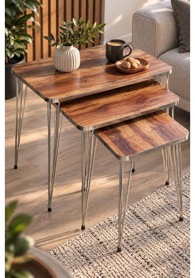 Sulorahome Zigon Sehpa Takımı Ceviz Desenli Kahverengi Ve Gümüş Metal Ayaklı