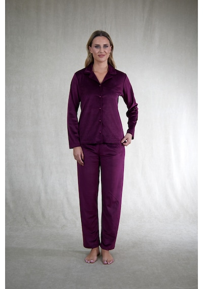 Estiva Kadın Önden Düğmeli Kadife Pijama Takımı MÜRDÜM