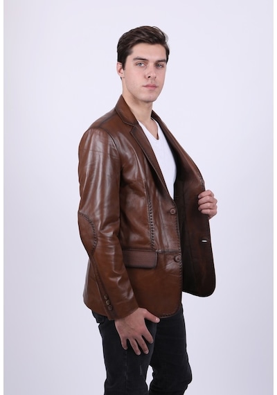 New Zaya Leather Erkek Kahverengi Blazer Deri Ceket Kahverengi