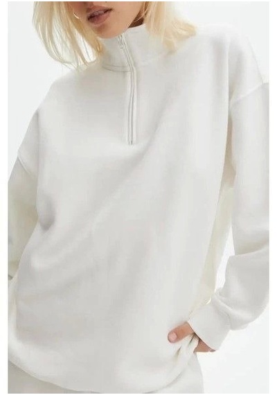 Modi Unisex Uzun Kol Yarım Farmuarlı Yakalı Basic Sweatshirt - Beyaz 2beyaz
