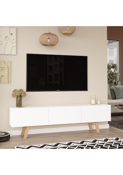 Jabari Tv Ünitesi 180cm 3 Kapaklı Ahşap Ayaklı Beyaz Jab1-w Beyaz