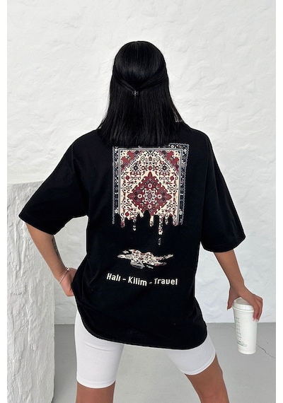 Technomonkey Unisex Siyah Oversize Halı Kilim Travel Desenli Techno Tişört