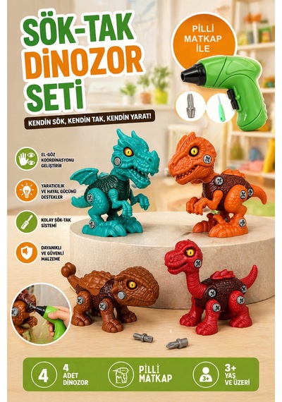 Sök Tak 4'lü 12cm Dinozor Oyuncak Seti Vidalı Montajlı Eğitici Oyuncak + Pilli Matkap İle