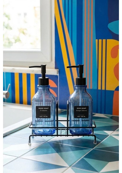Modern Çizgili Cam İkili Sıvı Sabunluk & Deterjanlık Seti - 500ml Standlı Mutfak Ve Banyo Organizeri Mavi