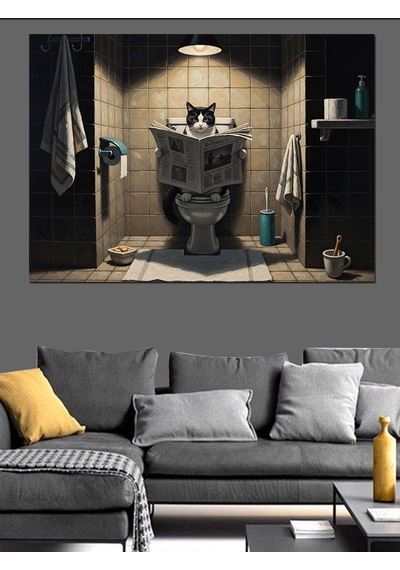 Gazete Okuyan Kedi Banyo Tablosu Dekoratif Kanvas - Mdf Ahşap Tablo