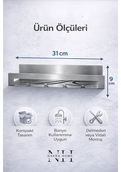 Paslanmaz Çelik Çok Amaçlı Banyo Ve Mutfak Rafı 4 Askılı, Yapışkanlı & Vidalı Kurulum Inox