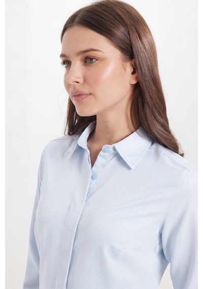 Tudors Kadın Slim Fit Dar Kesim Vucüda Oturan Uzun Kollu Gizli Düğme Detaylı Mavi Basic Gömlek-41569