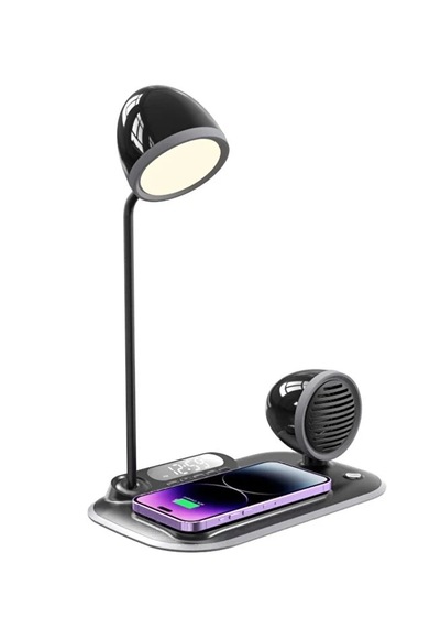 4-in-1 Kablosuz Şarj Standı İphone & Android Uyumlu, Siyah Masa Lambası Ve Bluetooth Hoparlörlü