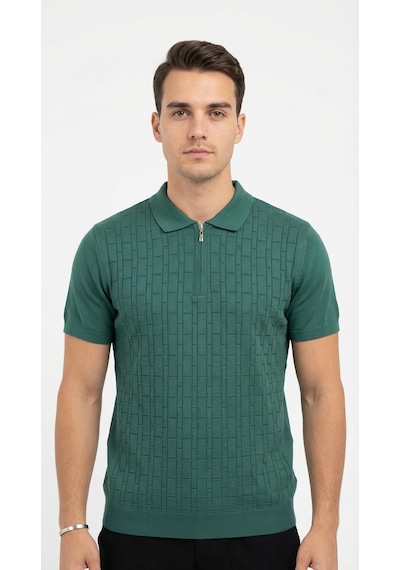 Plus Scorpion Erkek Polo Yaka Fermuarlı Triko Tişört Dokulu Slim Fit Yeşil