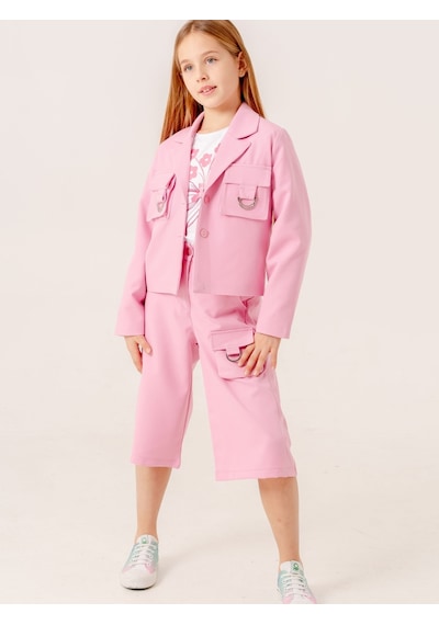 Giyicem Kız Çocuk D Tokalı Ceket T-shirt İkili Takım 1903 Pembe