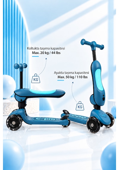 C-pro 2'si 1 Arada Katlanabilir Çocuk Scooterı Açık Mavi