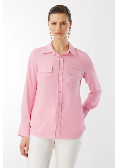 Ekol Kadın Çift Kapak Cepli Düğmeli Bluz 3026 Pembe Pembe