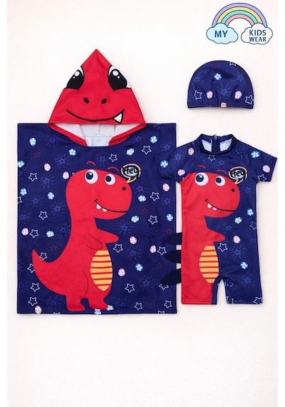 My Kids Wear Erkek Çocuk Deniz Kombini 3 Lü Set Mayo, Havlu Ve Bone 12579 Açık Mavi - Kırmızı