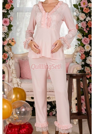 Lady Bebe Pembe Renkli Dantel Detaylı 33208 Uzun Kol 2 Parça Lohusa Hamile Pijama Takımı Açık Pembe