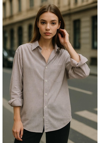 Rich Kadın Bordo Çizgili Beyaz Oversize Gömlek Over Fit Relaxed Gömlek Çok Renkli