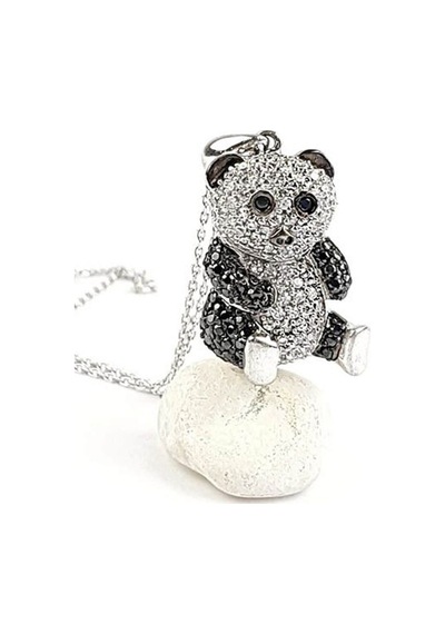 Oniks ve Zirkon Taşlı Tasarım Gümüş Panda Kolye