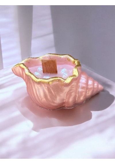 İstiridye Deniz Kabuğu Simli Pembe İncili Kokulu Mum Ahşap Fitilli Mum Simli Açık Pembe