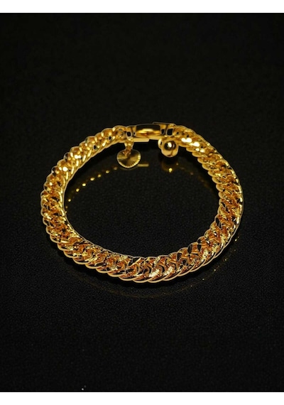 22 Ayar Altın Kaplama Gurmet Zincir Bileklik - 19 Cm Kalp Ve Zil Detaylı Gold