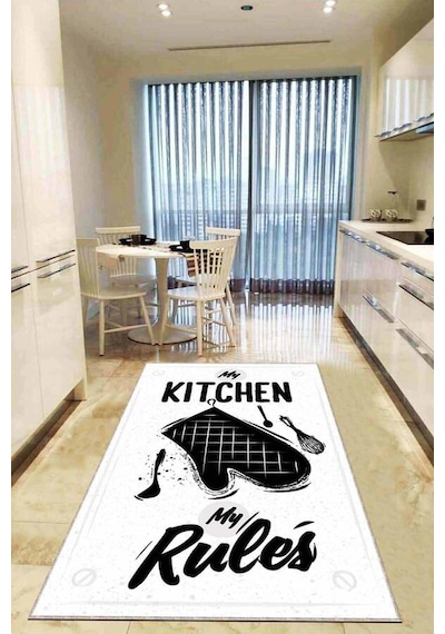 Beyaz Kaymaz Tabanlı My Kitchen My Rules Mutfak Halısı Ar846n11