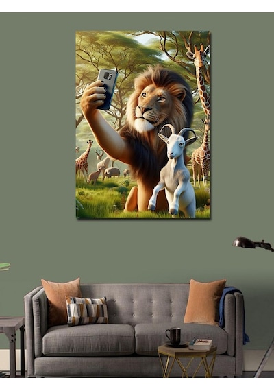 Kanvas Tablo Selfie Yapan Keçi Ve Aslan 70cmx100cm