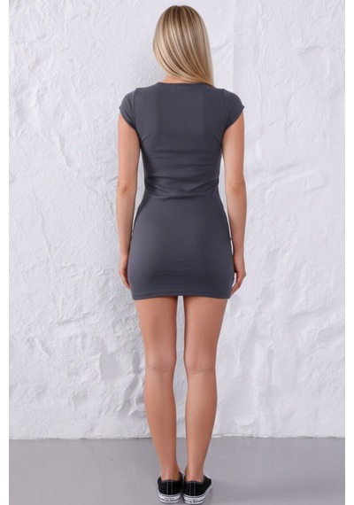 Defymoda Kadın Füme Gri Bisiklet Yaka %95 Pamuklu Fitilli Likralı Kaşkorse Slim Fit Basic Mini Elbise Gri