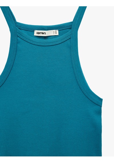 Koton Pamuklu Ribanalı Slim Fit Kolsuz Halter Yaka Crop Top Turkuaz 6sak10424ek