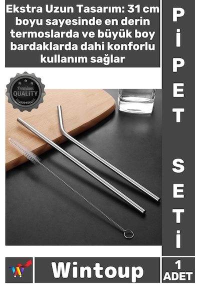 Pipetseti Termos Uyumlu 31 Cm Ekstra Uzun Paslanmaz Çelik Pipet Seti 3 Parça Eğri + Düz + Fırça